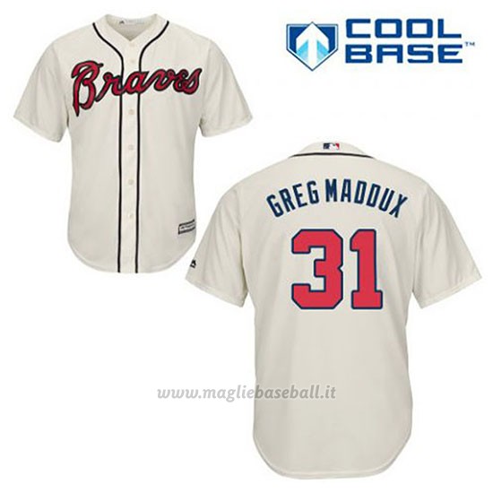 Maglia Baseball Uomo Atlanta Braves 31 Greg Maddux Crema Alterner Cool Base